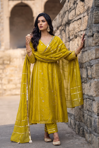 Raha Mul Chanderi Mukaish Anarkali Set in Lime Yellow