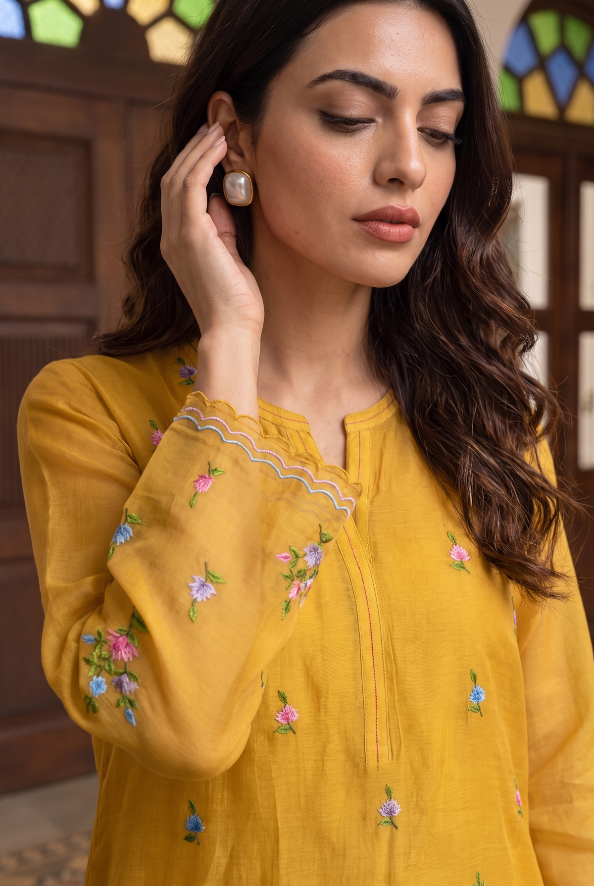 Veya Thread Embroidered Kurta Set in Vintage Yellow