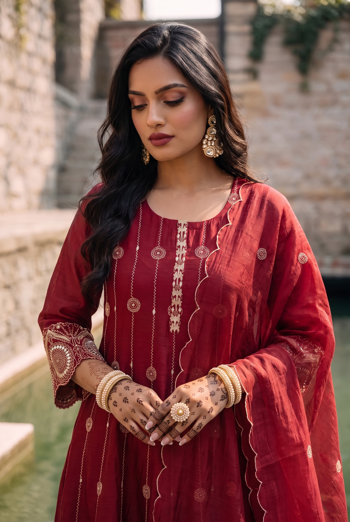 Deewani Silk Chanderi Anarkali Set in Red Berry