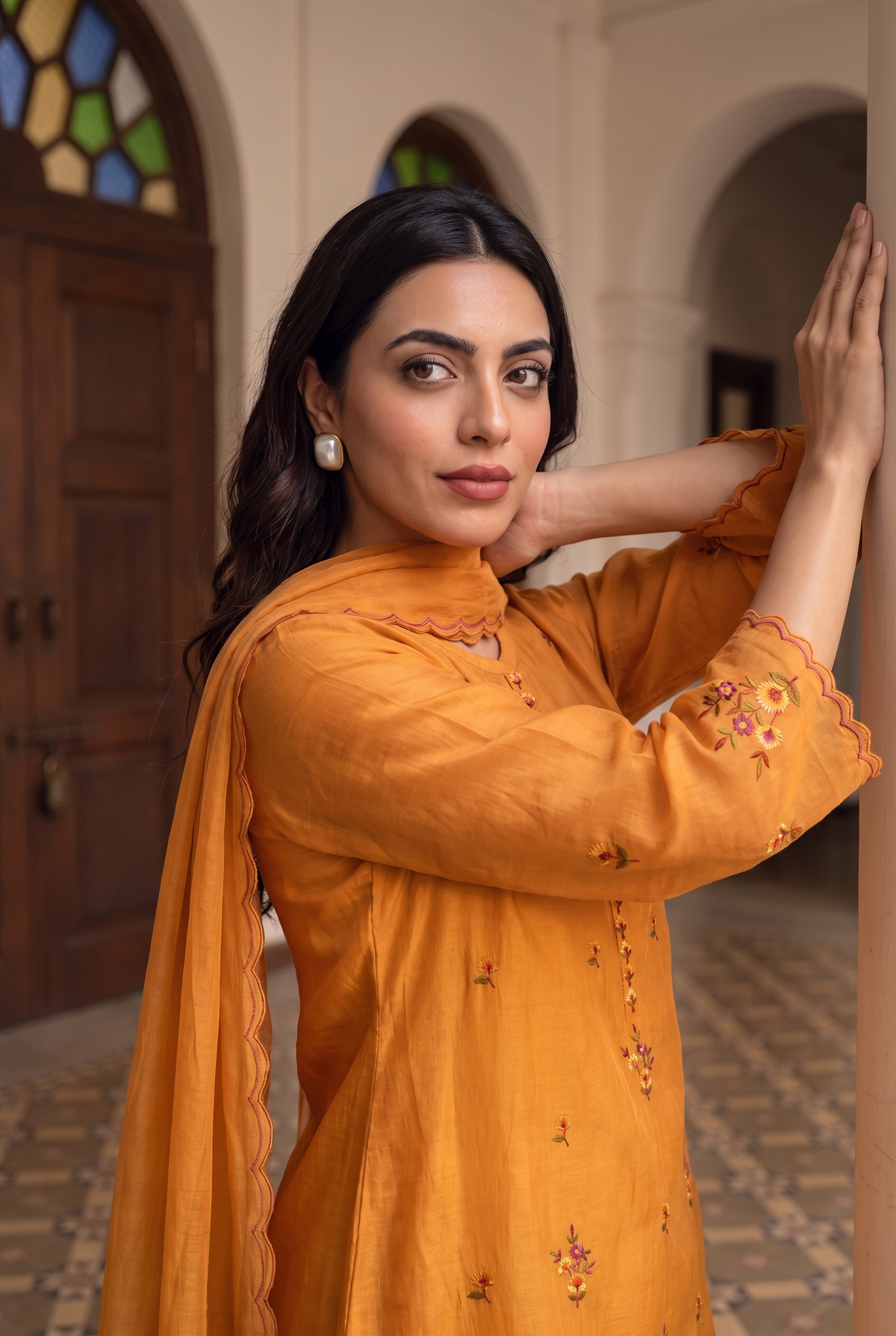 Veya Thread Embroidered Kurta Set in Vintage Orange