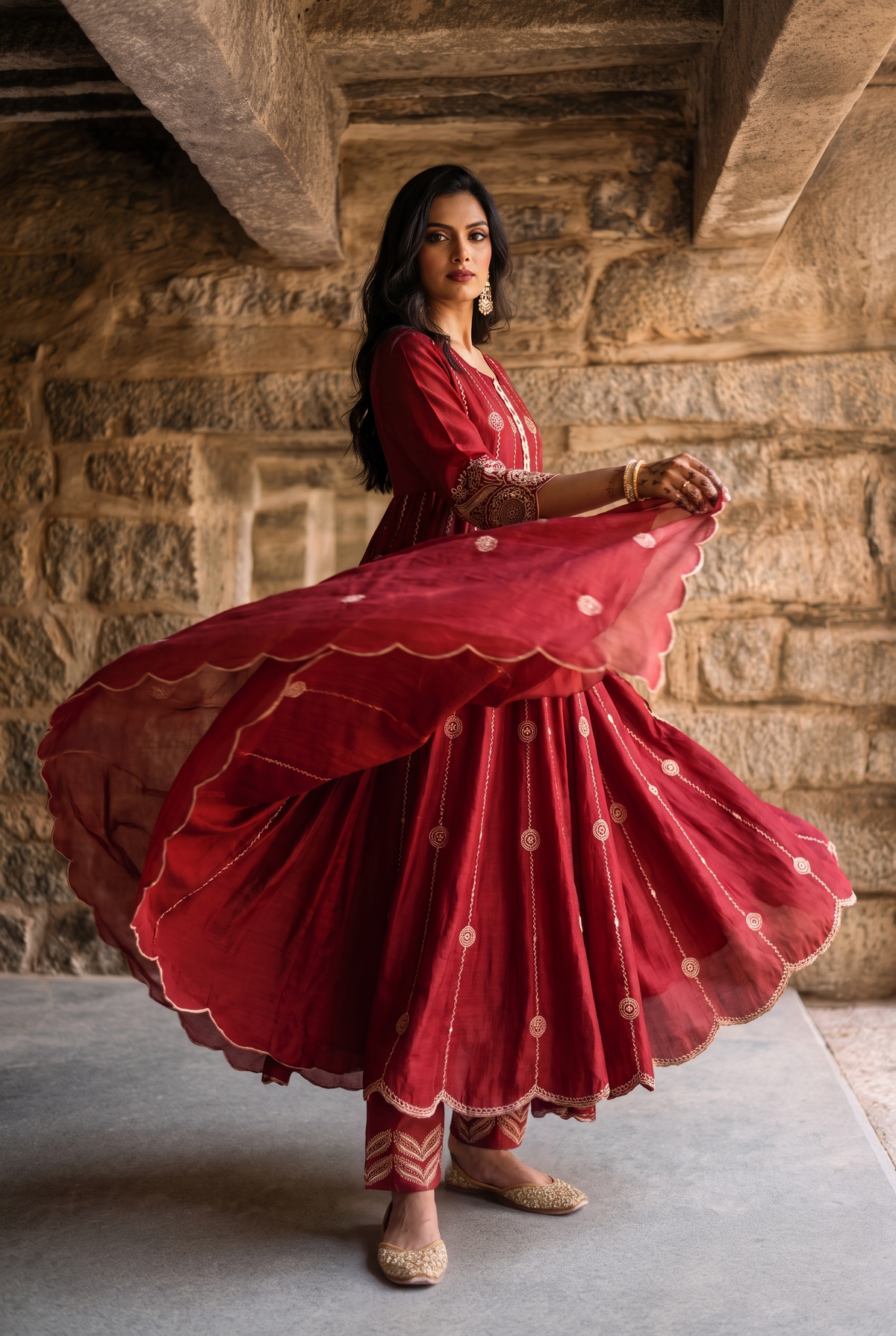 Deewani Silk Chanderi Anarkali Set in Red Berry