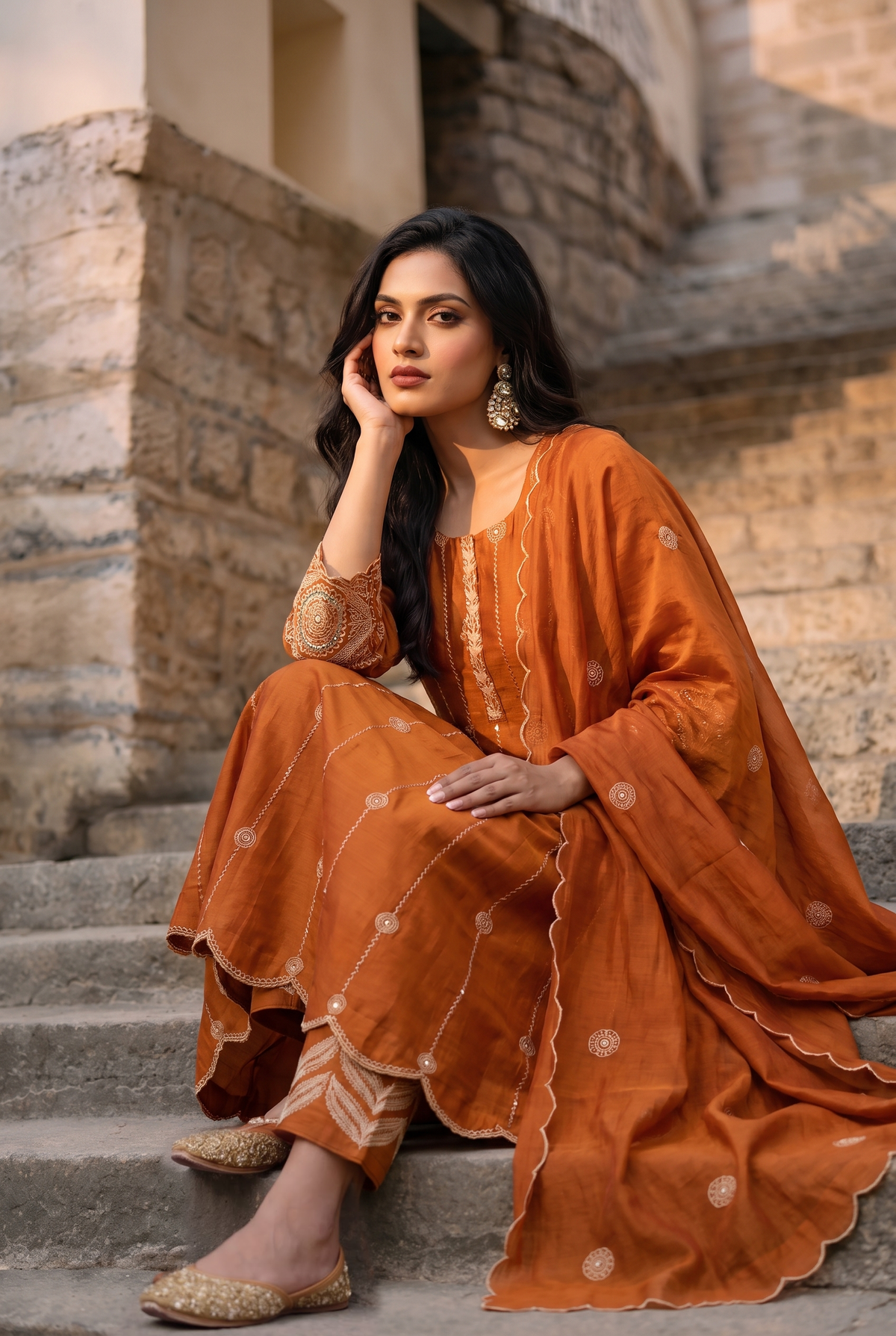 Deewani Silk Chanderi Anarkali Set in Red Berry