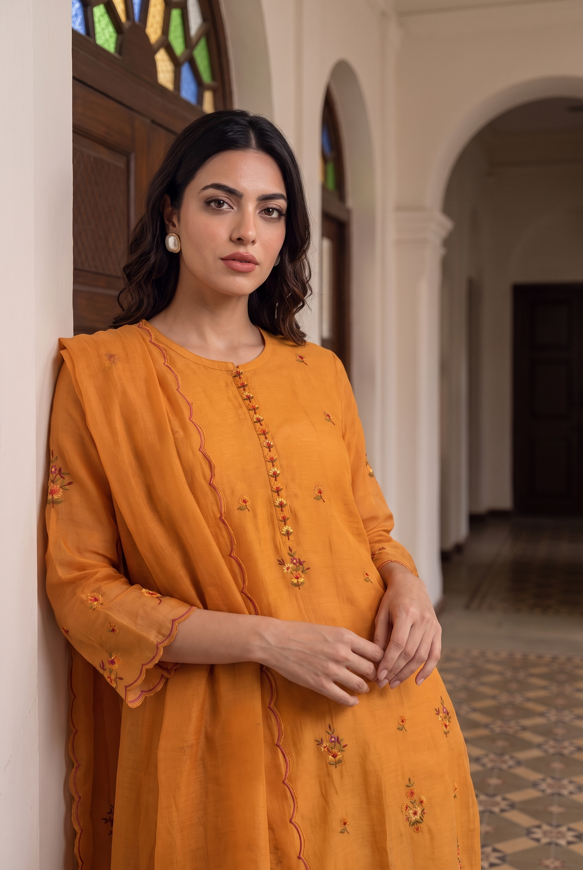 Veya Thread Embroidered Kurta Set in Vintage Orange