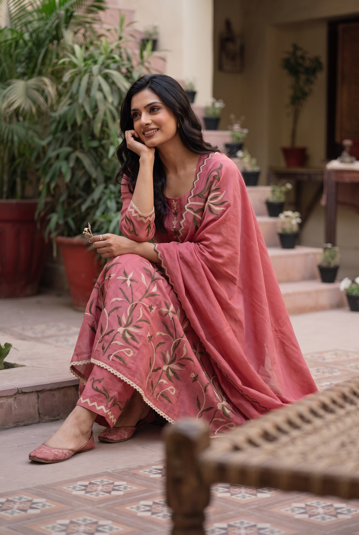 Surkhi Mul Chanderi Anarkali Set in Pink Sherbert
