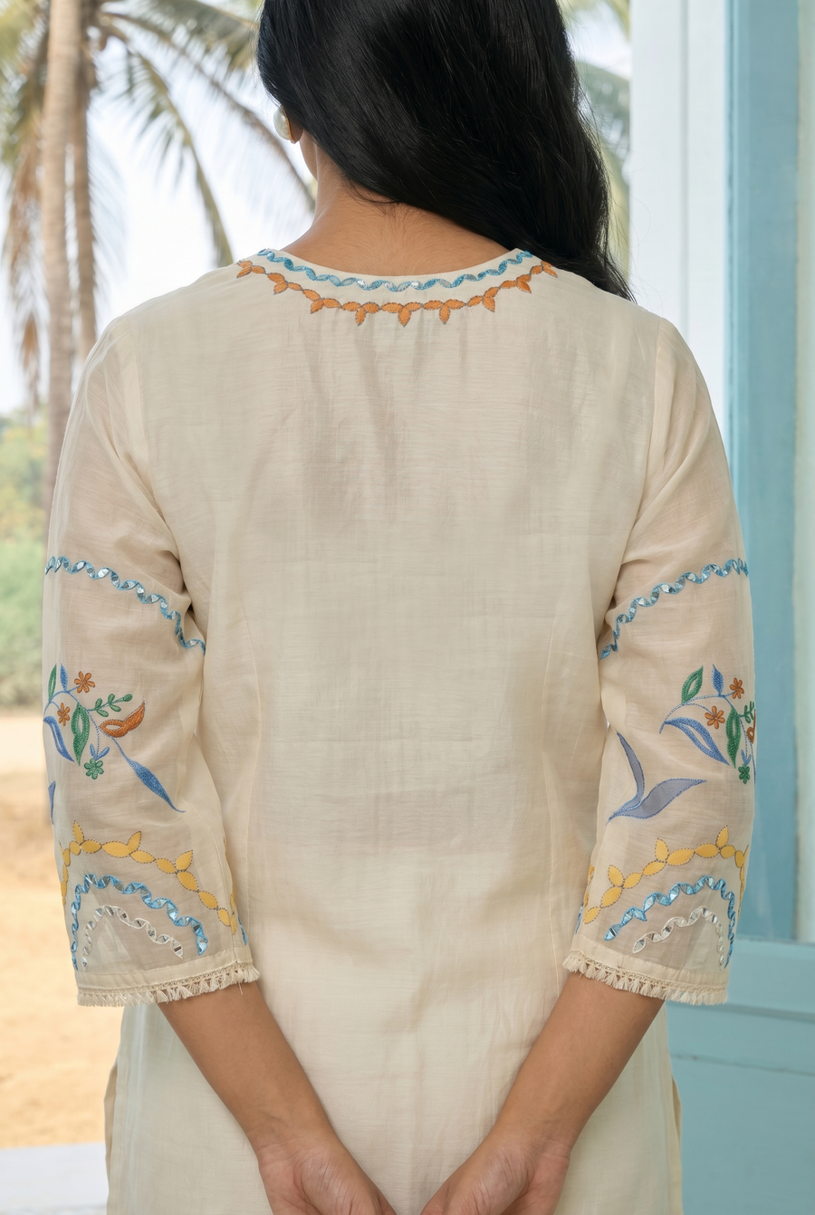 Ivory Applique and Cord Embroidered Kurta Set with Ombre Dupatta