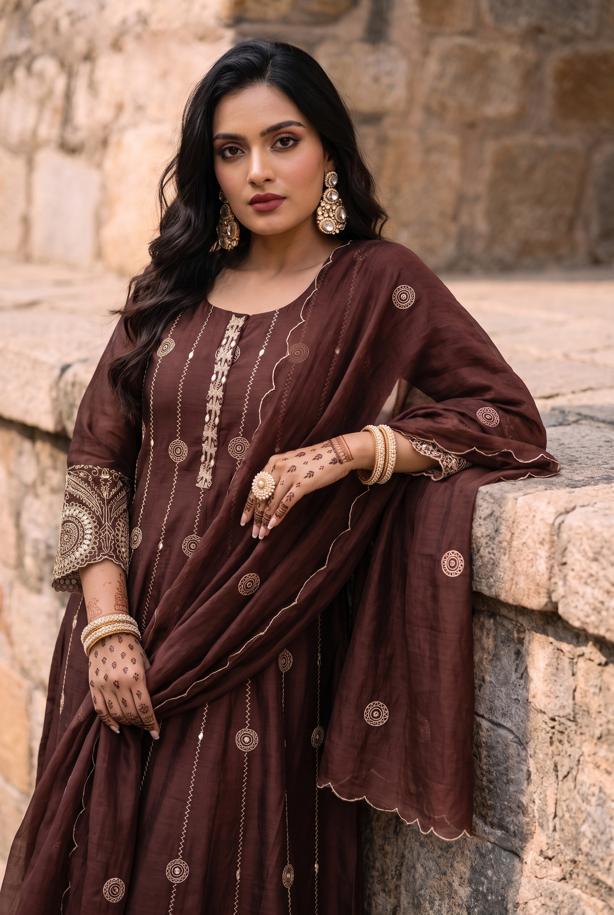Deewani Silk Chanderi Anarkali Set in Red Berry