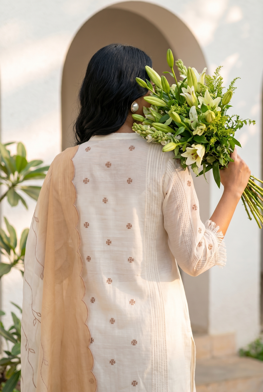 Ivory Cross-stitch & Cord Embroidered Kurta Set with Beige Ombre Dupatta