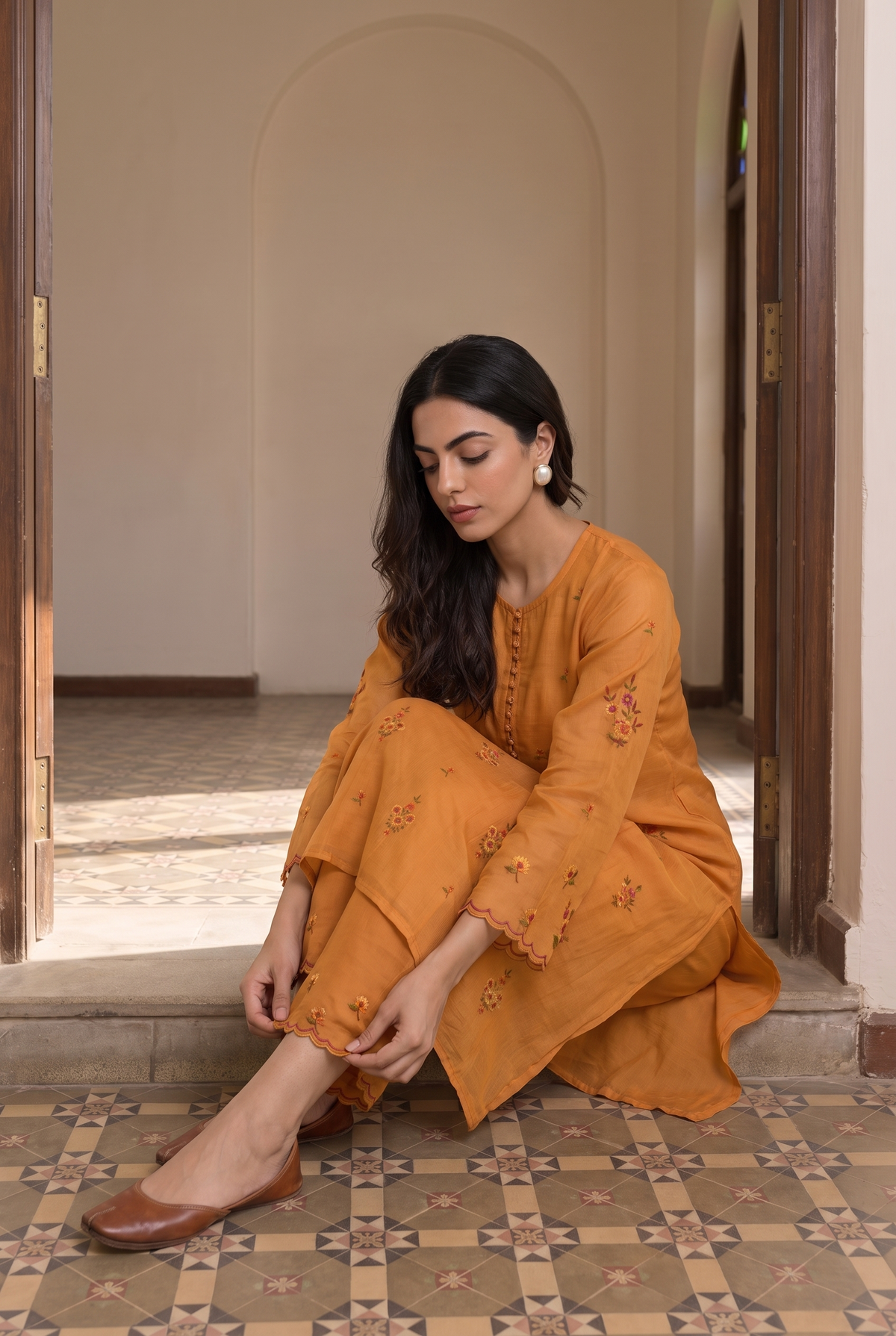 Veya Thread Embroidered Kurta Set in Vintage Orange