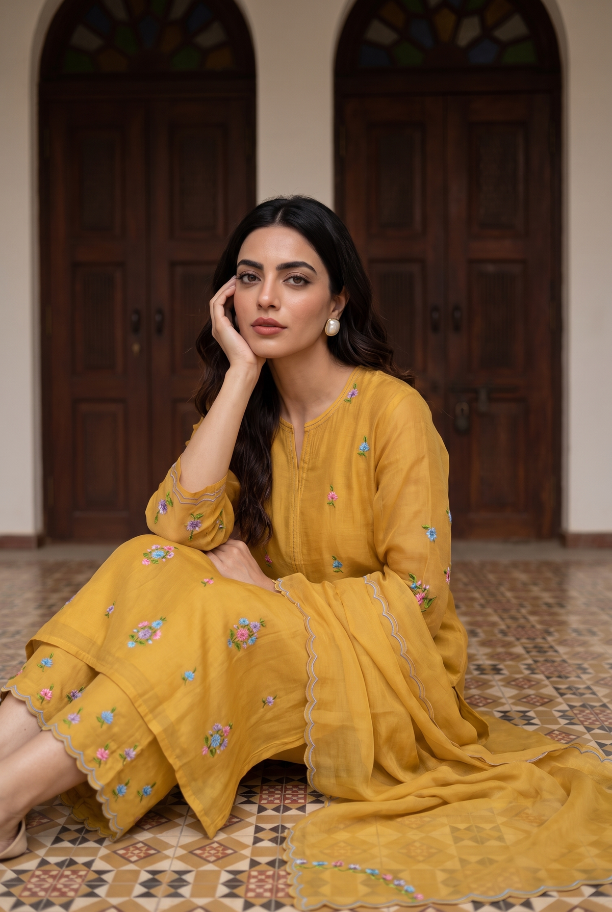 Veya Thread Embroidered Kurta Set in Vintage Yellow