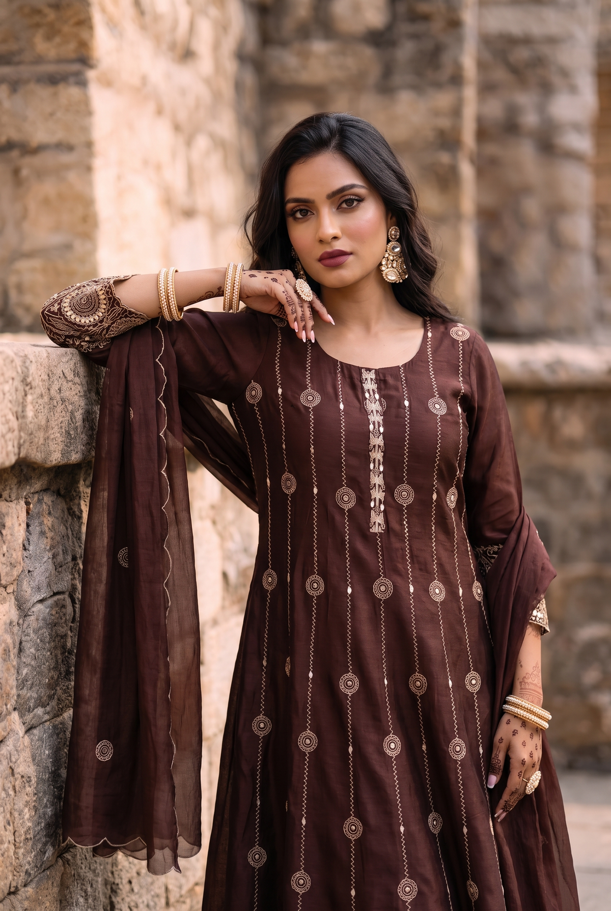 Deewani Silk Chanderi Anarkali Set in Red Berry