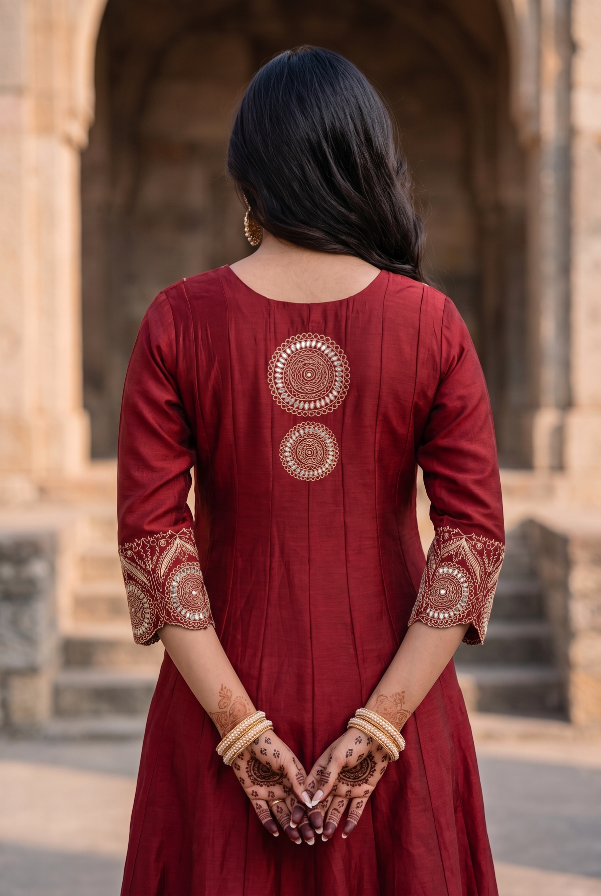 Deewani Silk Chanderi Anarkali Set in Red Berry