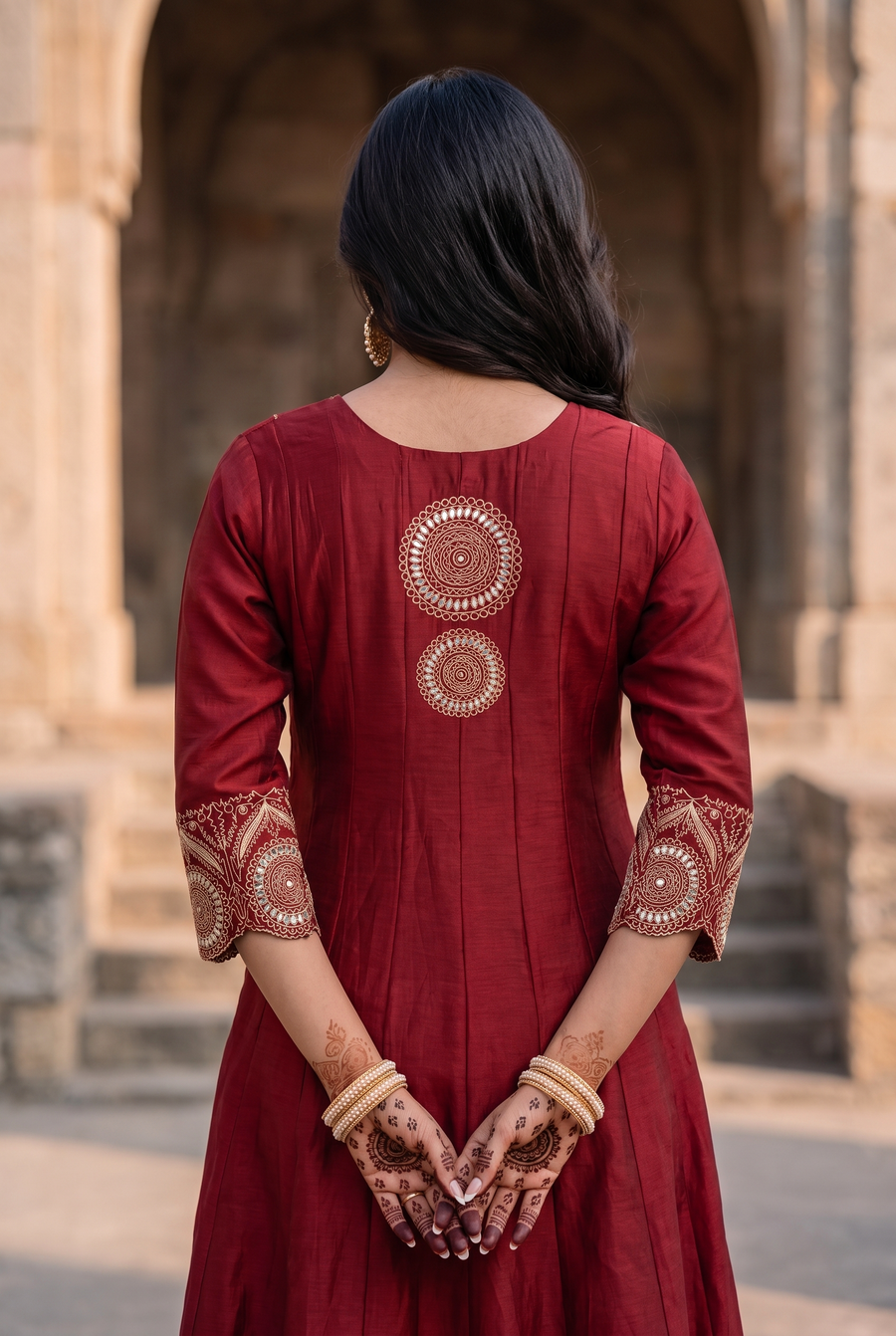 Deewani Silk Chanderi Anarkali Set in Red Berry