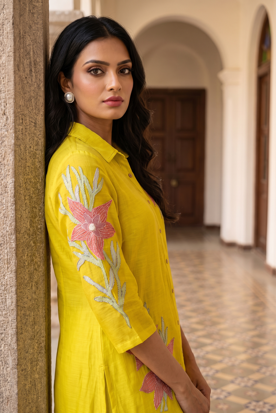 Ira Mul Chanderi Co-ord Set in Lime Yellow