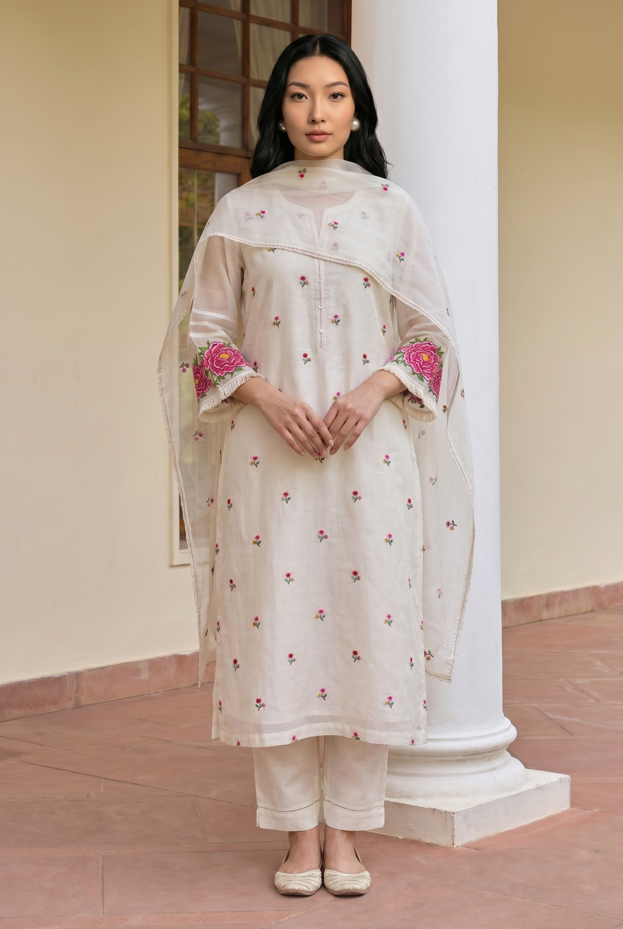 Zia Cross-Stitch Pure Mul Chanderi Kurta Set
