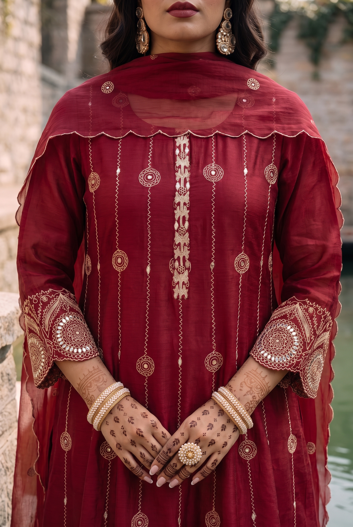 Deewani Silk Chanderi Anarkali Set in Red Berry