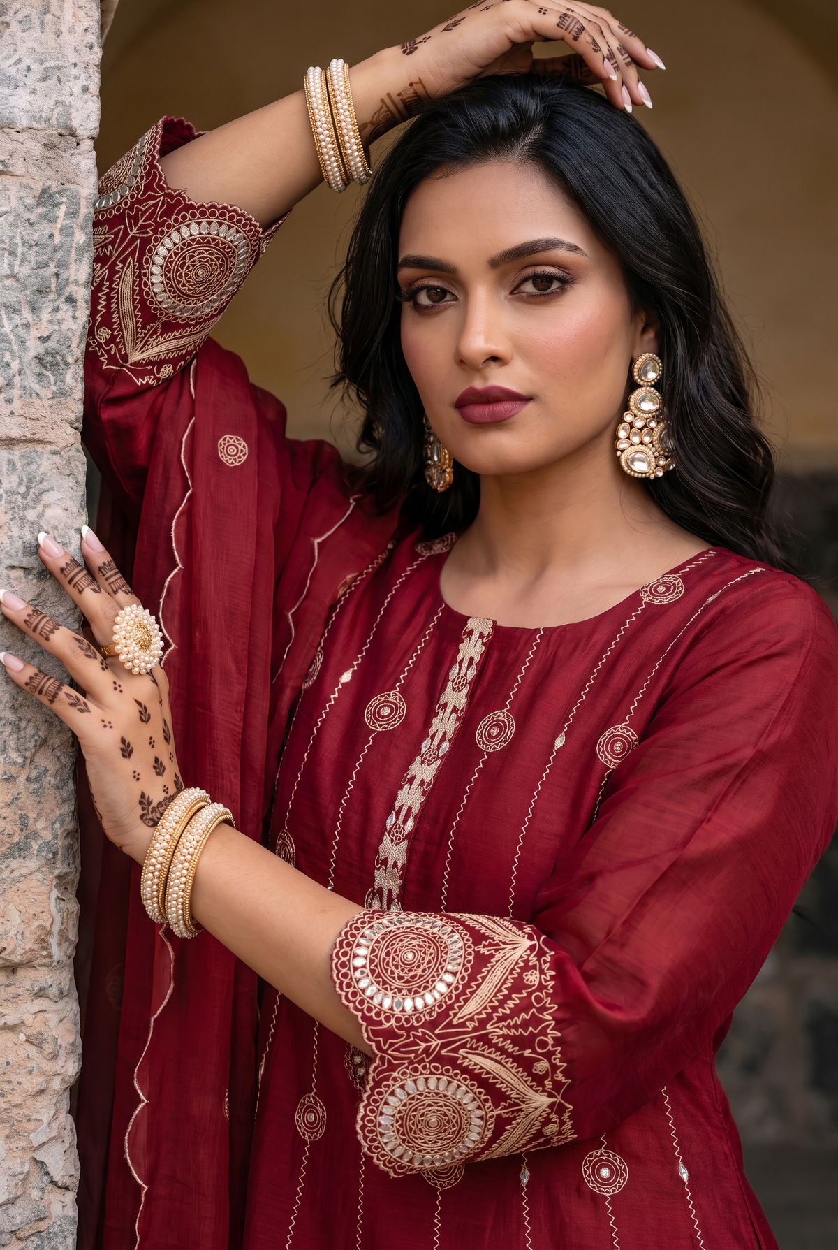Deewani Silk Chanderi Anarkali Set in Red Berry