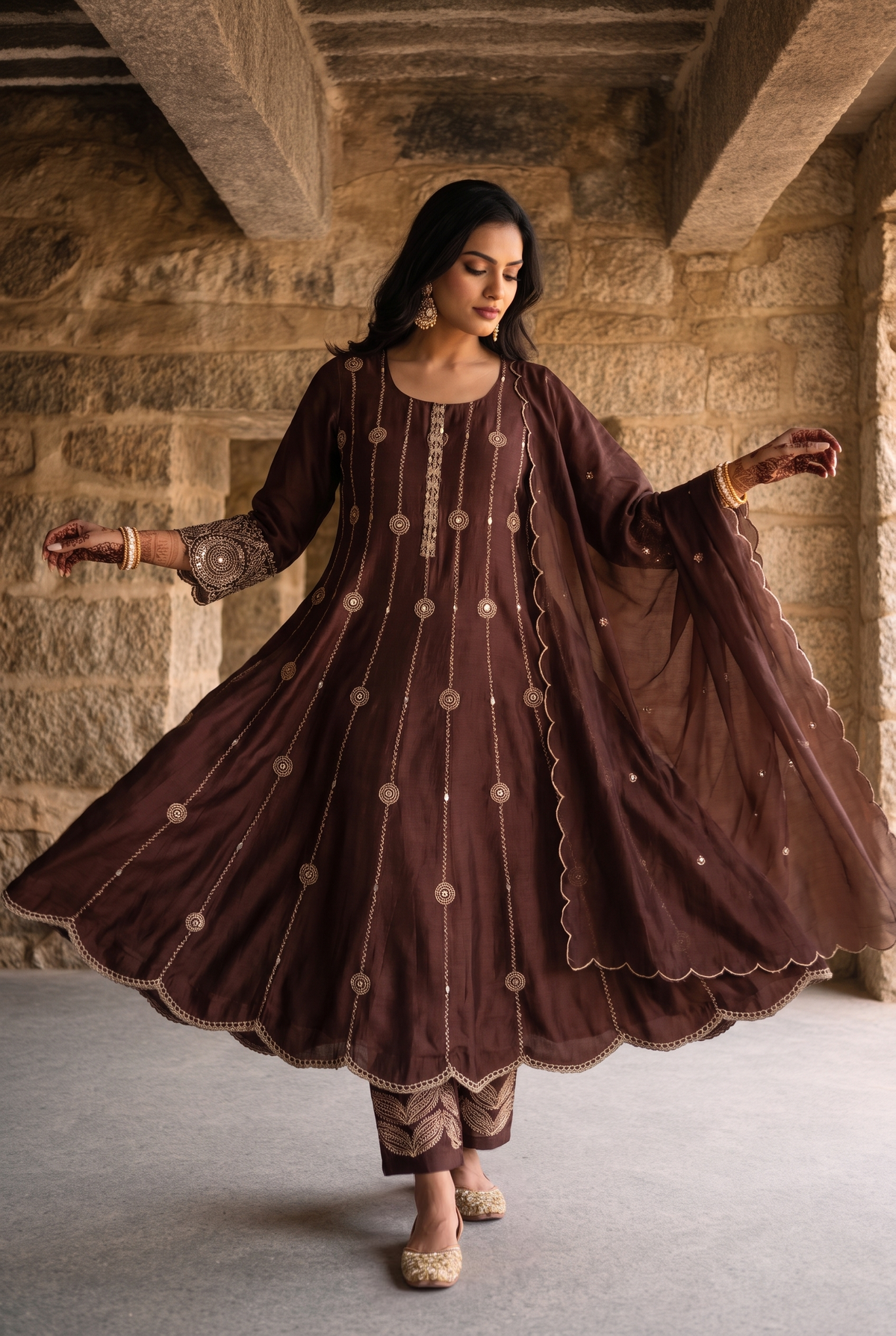 Deewani Silk Chanderi Anarkali Set in Red Berry