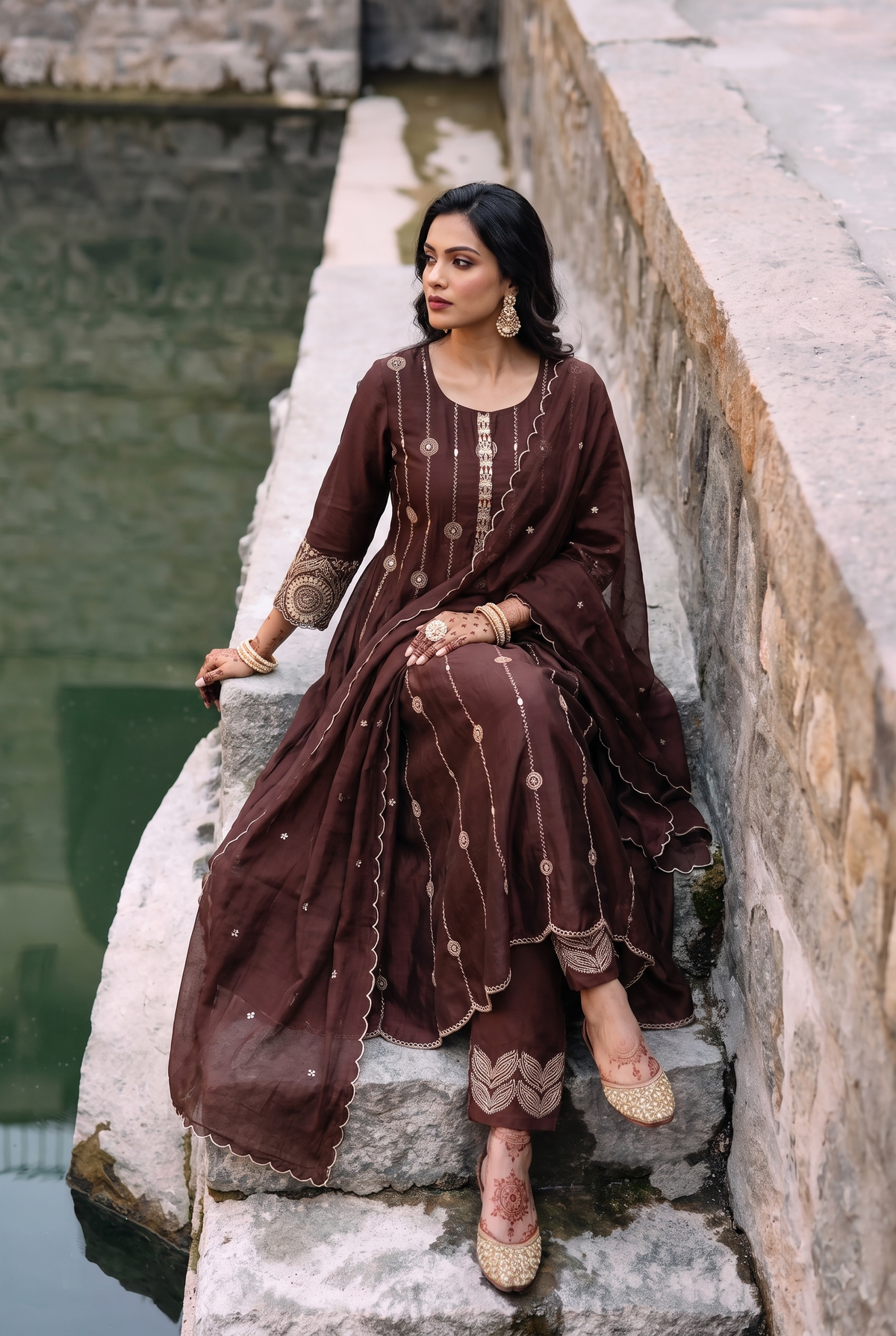 Deewani Silk Chanderi Anarkali Set in Red Berry