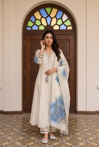 Zoa Mul Chanderi Anarkali Set in Off-White Blue