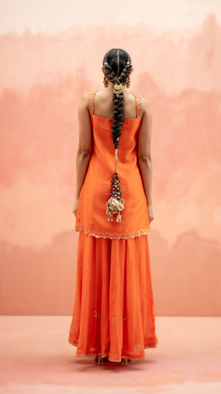 Noor Sharara Set (Sleeveless Square Neck - Orange)