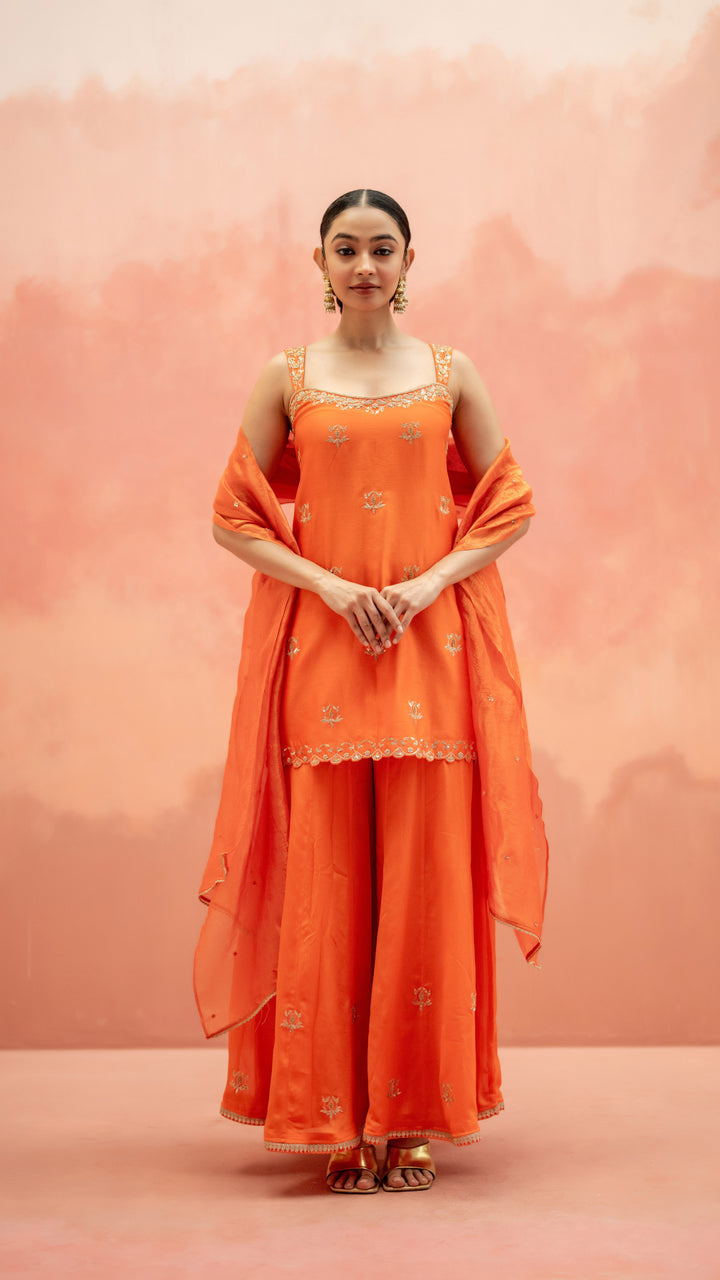 Noor Sharara Set (Sleeveless Square Neck - Orange)