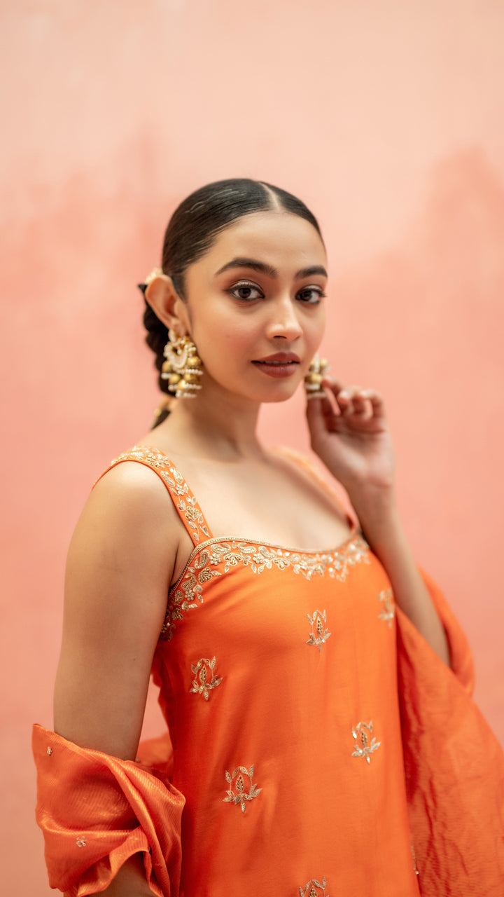Noor Sharara Set (Sleeveless Square Neck - Orange)