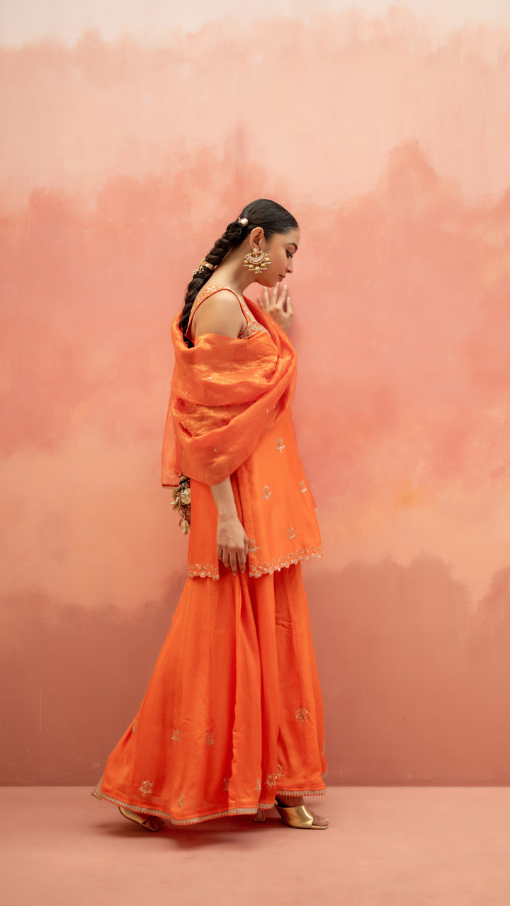 Noor Sharara Set (Sleeveless Square Neck - Orange)