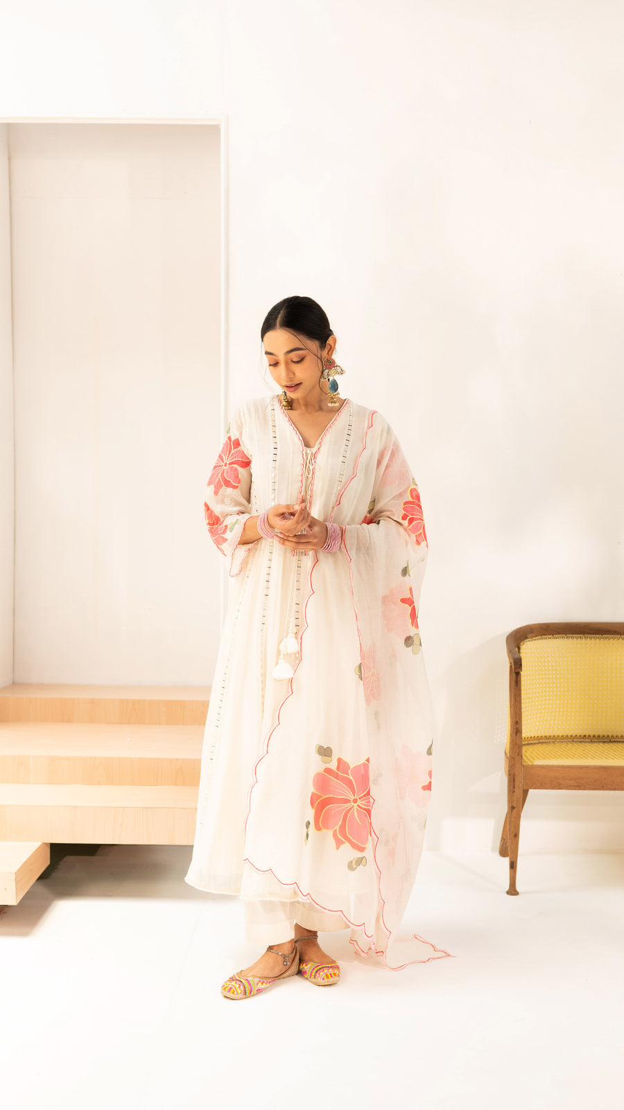 Zoya Mul Chanderi Anarkali Set in Off-White