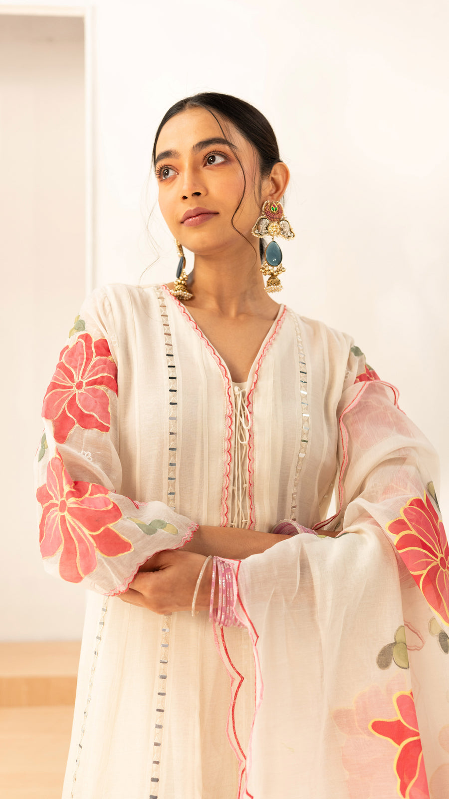 Zoya Mul Chanderi Anarkali Set in Off-White