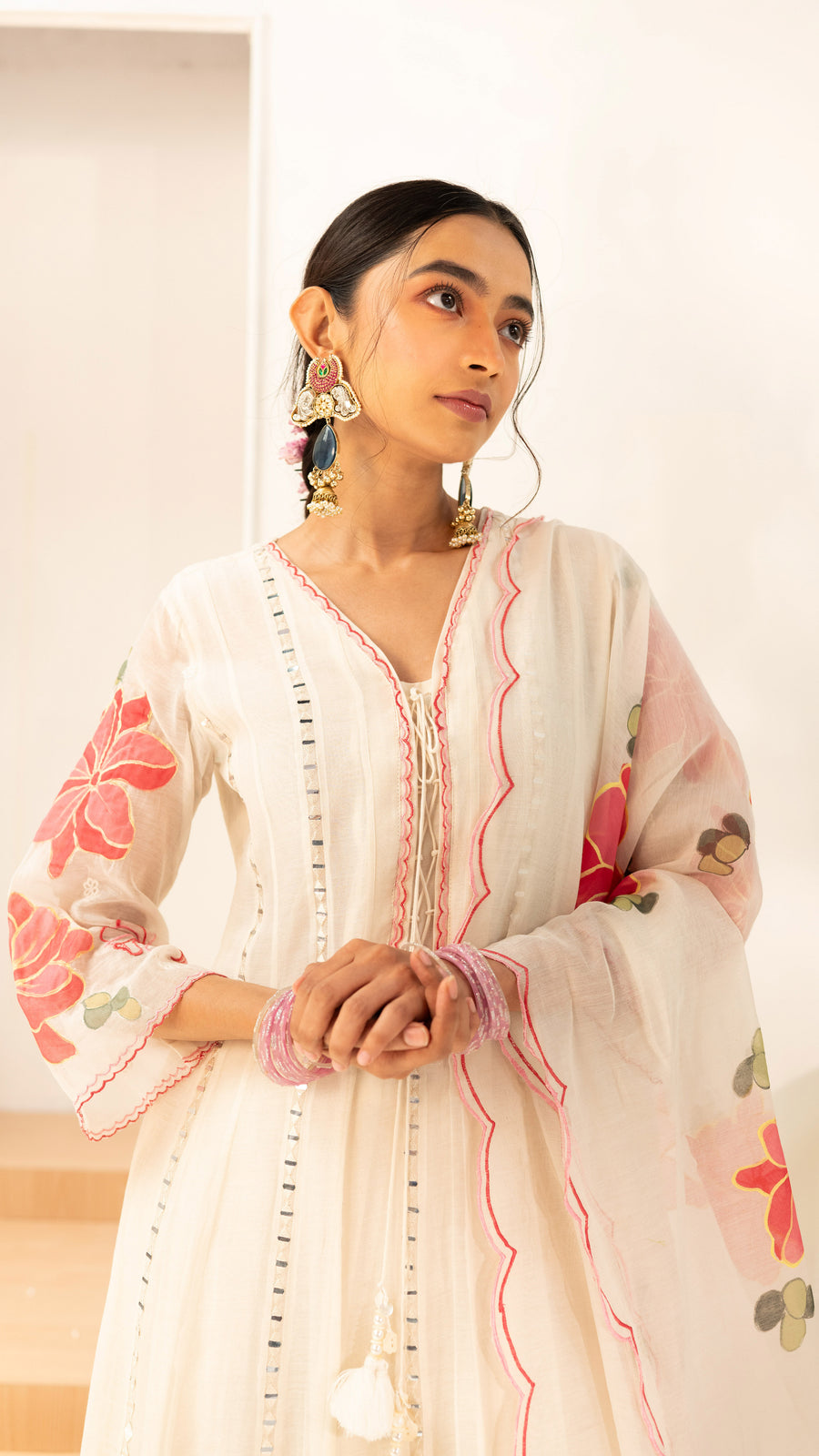 Zoya Mul Chanderi Anarkali Set in Off-White