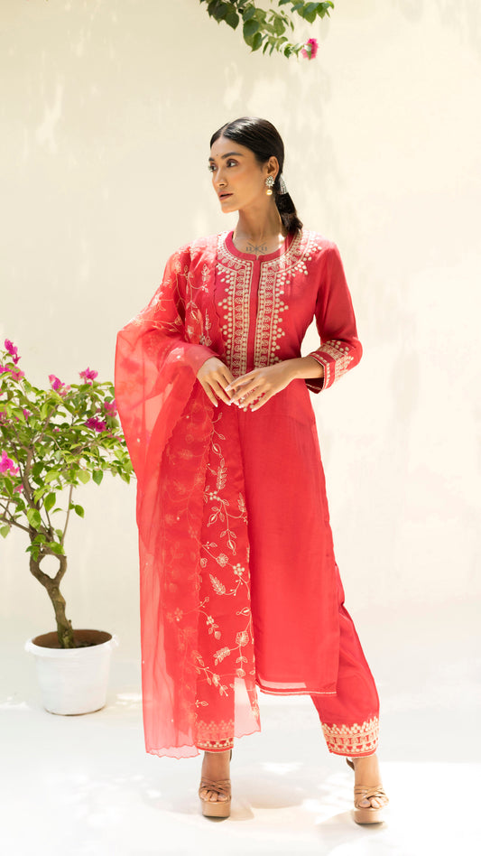 Dastak Kurta Set (Berry Red)