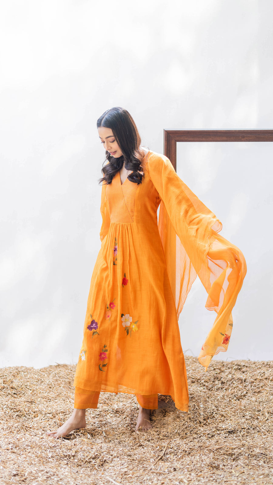 Zooni Mul chanderi Tunic Set in Narangi
