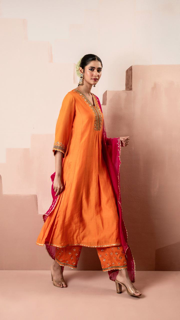 Sunehri A-Line Anarkali Set (Orange)