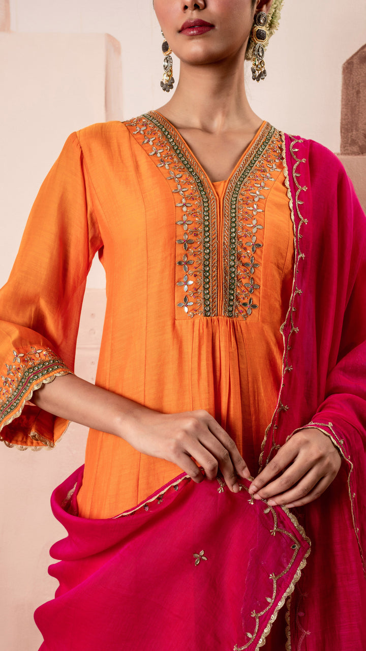 Sunehri A-Line Anarkali Set (Orange)
