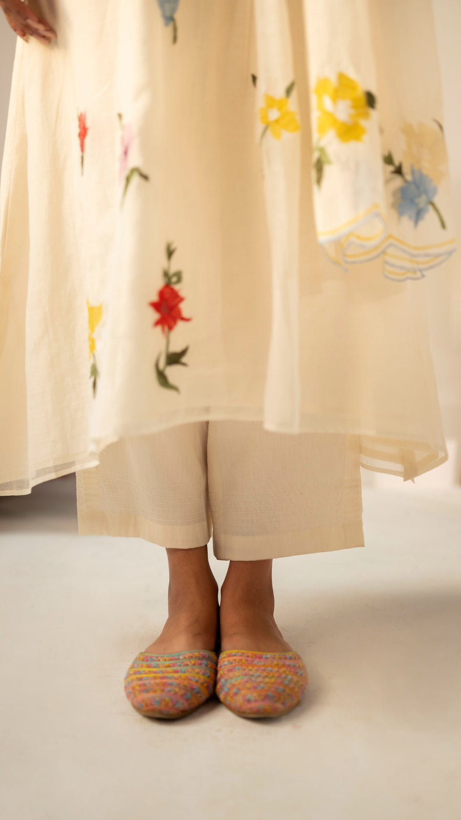 Zooni Mul chanderi Tunic Set in Off-white