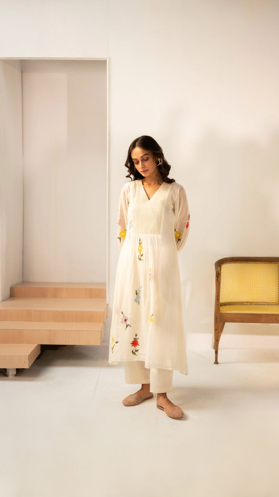 Zooni Mul chanderi Tunic Set in Off-white