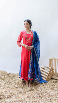 Leila Mul Chadneri A-line Kurta Set in Surkh