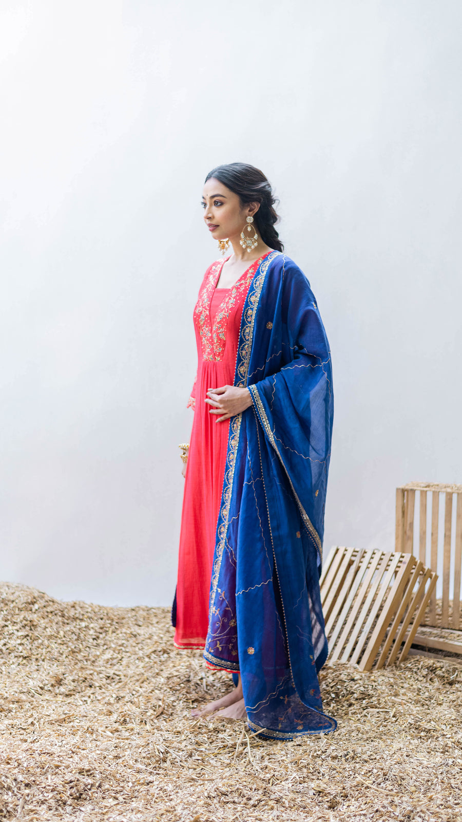 Leila Mul Chadneri A-line Kurta Set in Surkh