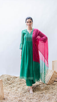 Aqsa Mul Chanderi A-line Kurta Set in Panna
