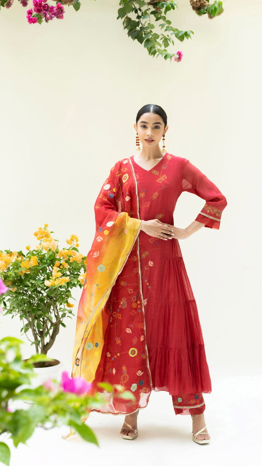 Soch Side-gather Anarkali Set (Berry Red)