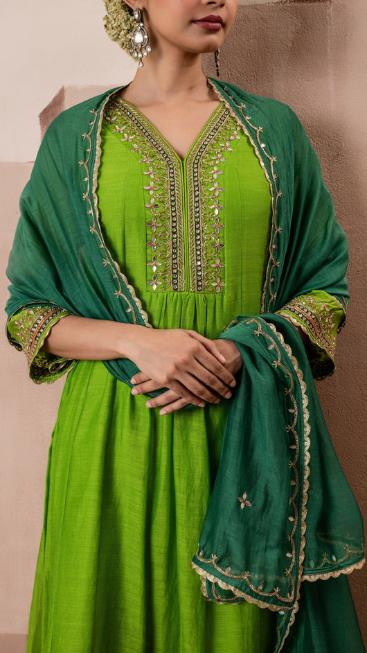 Sunehri A-Line Anarkali Set (Green)