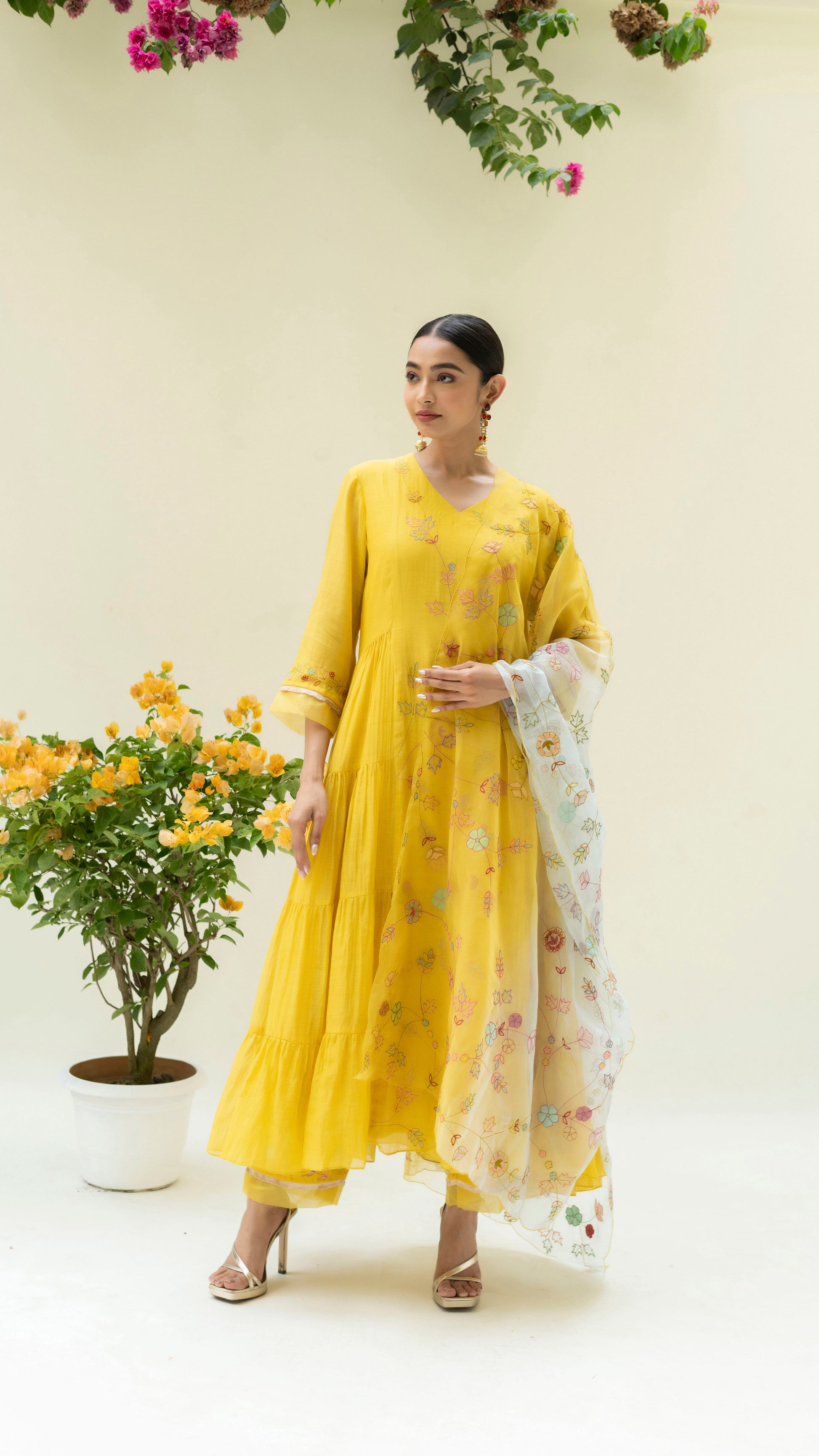 Mustard Chanderi Suit Set With Embroidery And Sequins at Soch