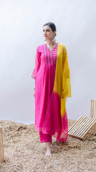 Aqsa Mul Chanderi A-line Kurta Set in Rani