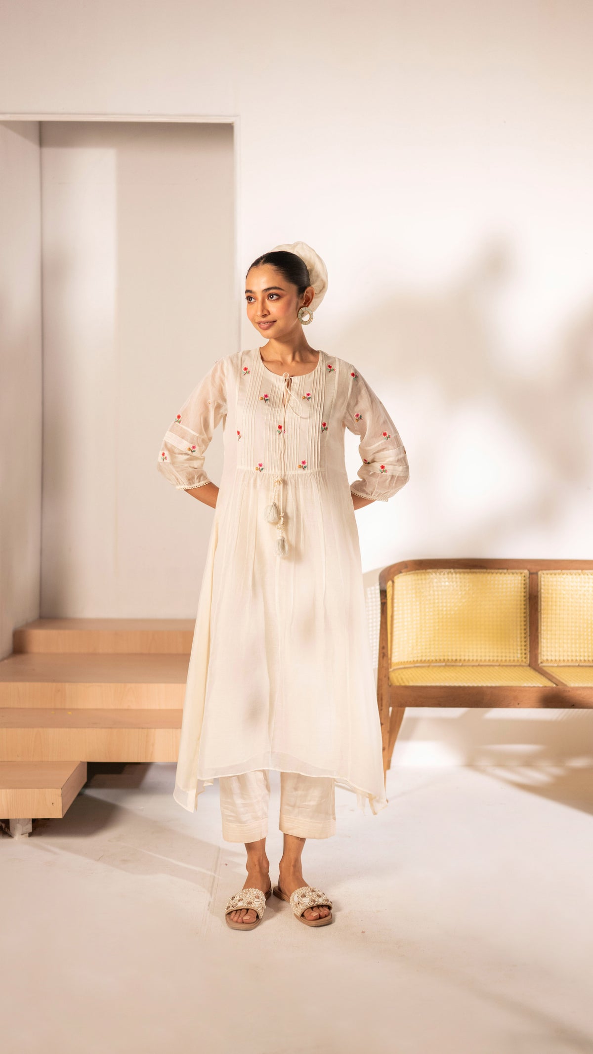 Zia Cross-Stitch Mul Chanderi Tunic Set in Off-White
