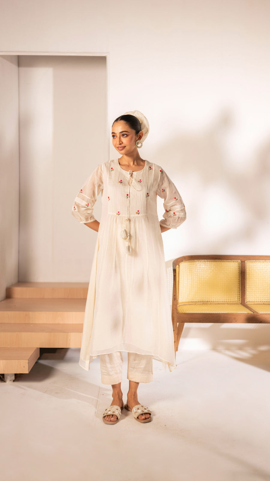 Zia Cross-Stitch Mul Chanderi Tunic Set in Off-White