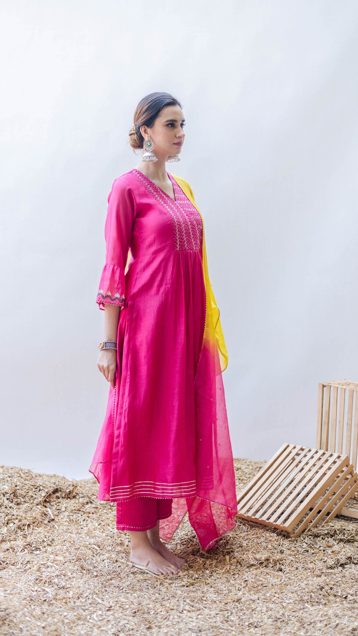 Aqsa Mul Chanderi A-line Kurta Set in Rani