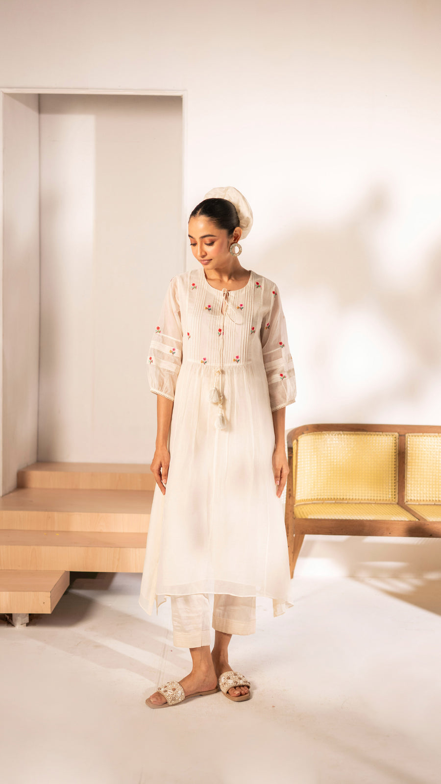 Zia Cross-Stitch Mul Chanderi Tunic Set in Off-White