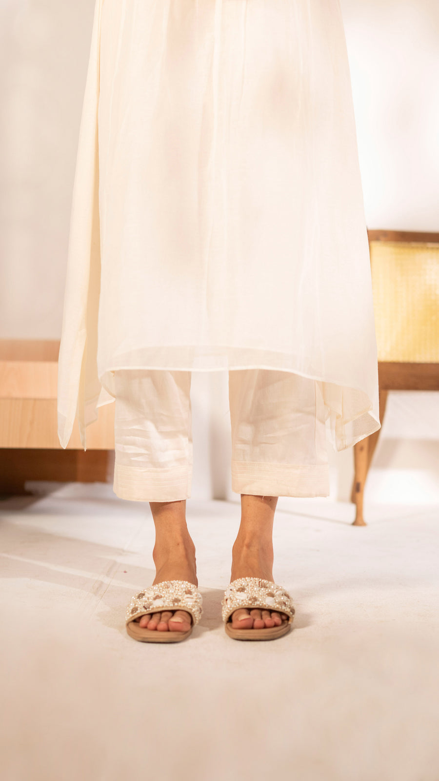 Zia Cross-Stitch Mul Chanderi Tunic Set in Off-White