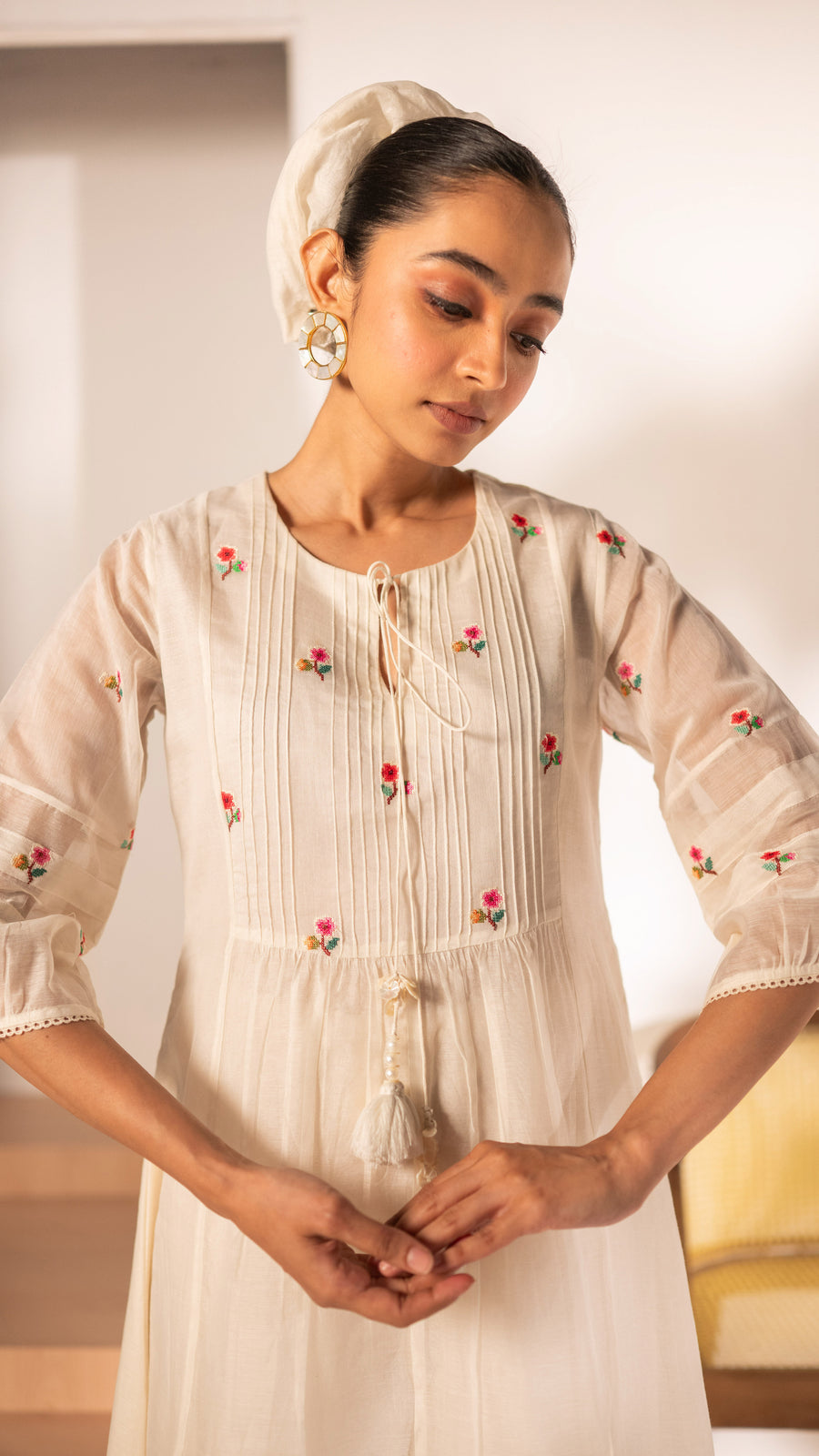 Zia Cross-Stitch Mul Chanderi Tunic Set in Off-White