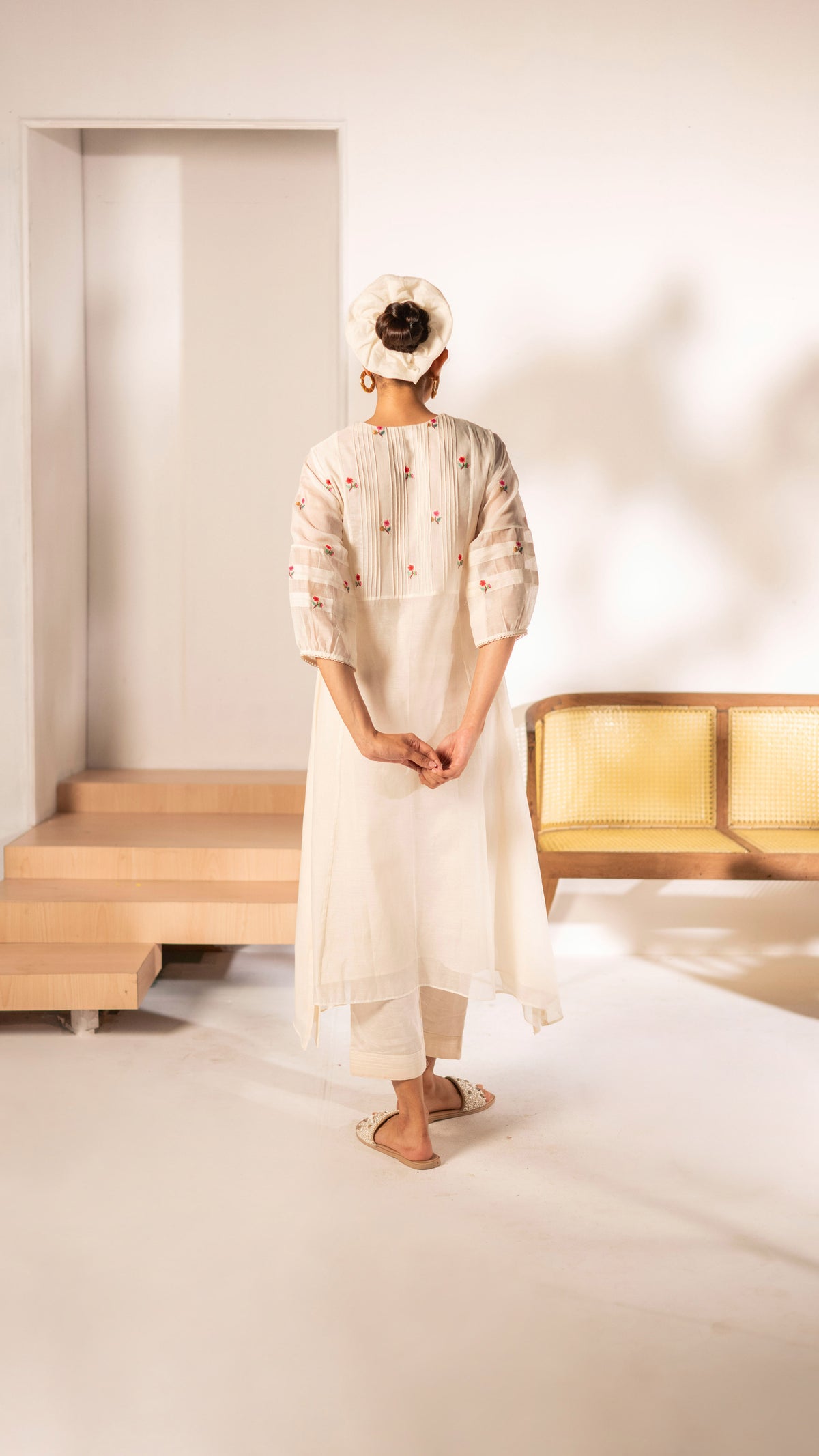 Zia Cross-Stitch Mul Chanderi Tunic Set in Off-White